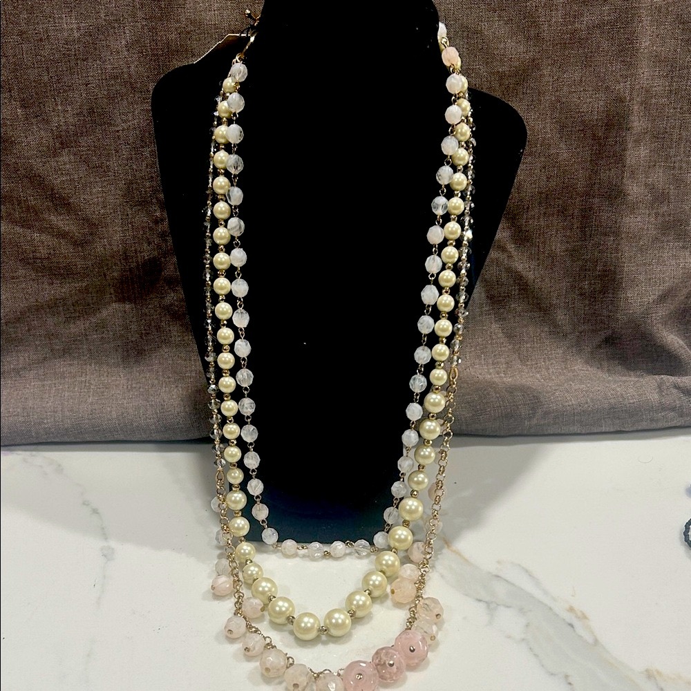 Talbots Pearl and Pink Beaded Necklace with T-bar closure